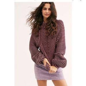 FREE PEOPLE Plaited Maroon Burgundy Sweetheart Sweater Cropped Balloon Sleeve
